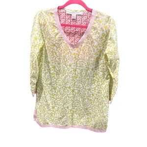 Gretchen Scott Cotton Tunic M Floral V-Neck 3/4 Sleeve Resort Boho Style
